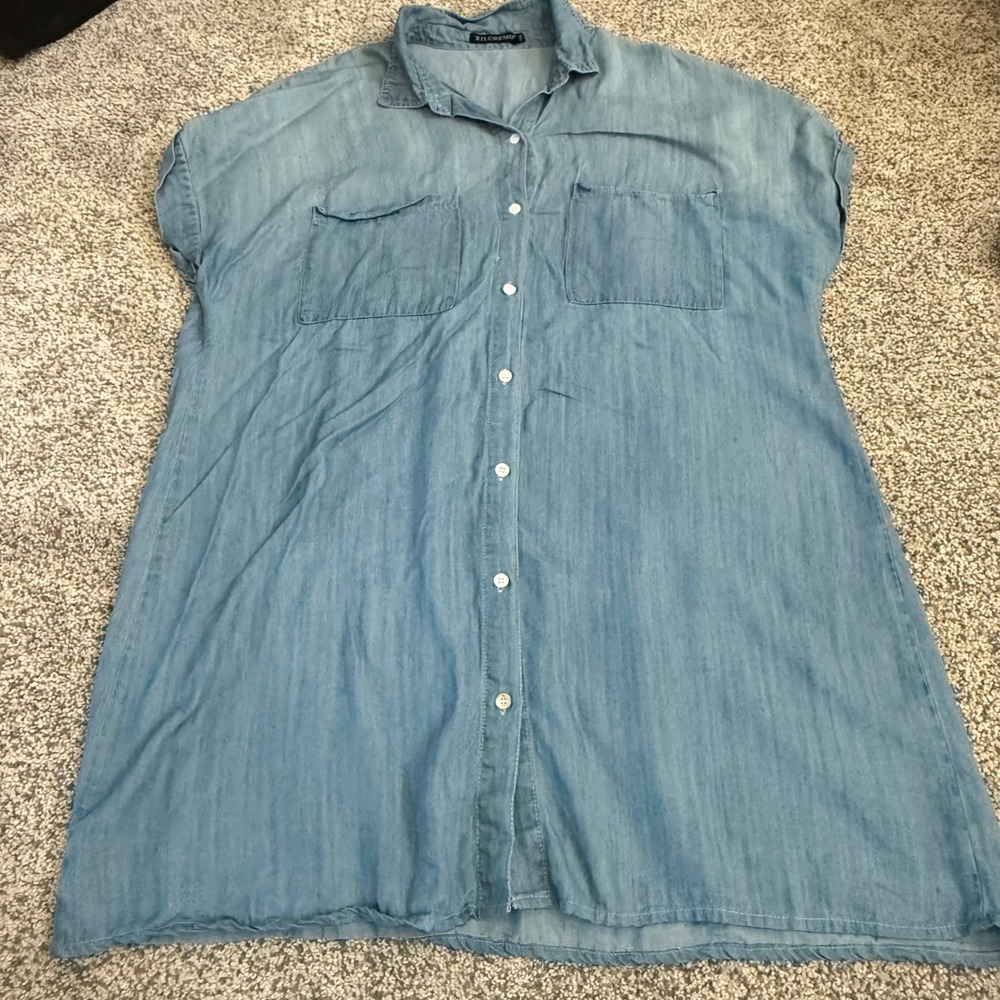 Womens Blue Chambray Button Down Shirt Dress Short Sleeve 2XL Pocket lightweight